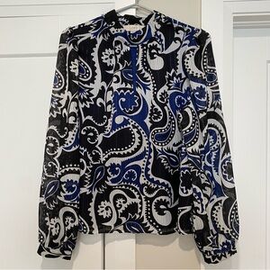 Loft | Shimmer Stripe Paisley Mock Neck Black Blouse